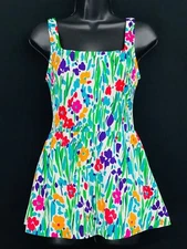 Vintage colorful skirted swimsuit, green pink floral swim dress Gabar pin up S