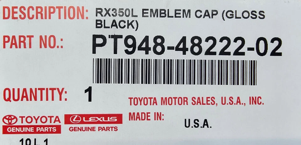 GENUINE NEW OEM GLOSS BLACK LEXUS RX350L BLACK OUT EMBLEM OVERLAY PT948-48222-02 - Image 3 of 3