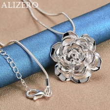 ALIZERO 925 Sterling Silver Rose Flower Pendant Necklace Women Fashion Jewelry