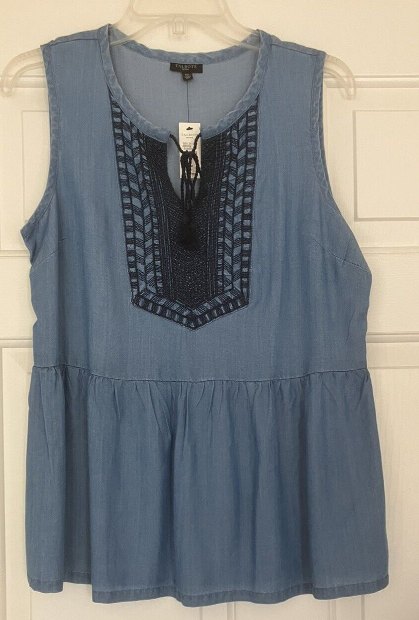 NWT Talbots Chambray Blue Sleeveless Boho Style Summer Top - PM - $79.50
