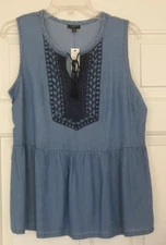 NWT Talbots Chambray Blue Sleeveless Boho Style Summer Top - PM - $79.50