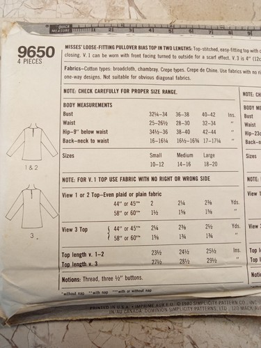 SIMPLICITY 9650 80s Fashion Top Tunic Cowl Pullover Raglan UNCUT Sew Med 14 16 - Picture 5 of 6