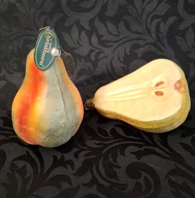 Christborn Germany Two Sugared Glass Blown Pear Ornaments 4'' L Whole And Half