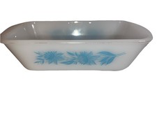 Vintage Glasbake Blue Floral Loaf Pan J552 White Milk Glass 1.5 Qt Made in USA