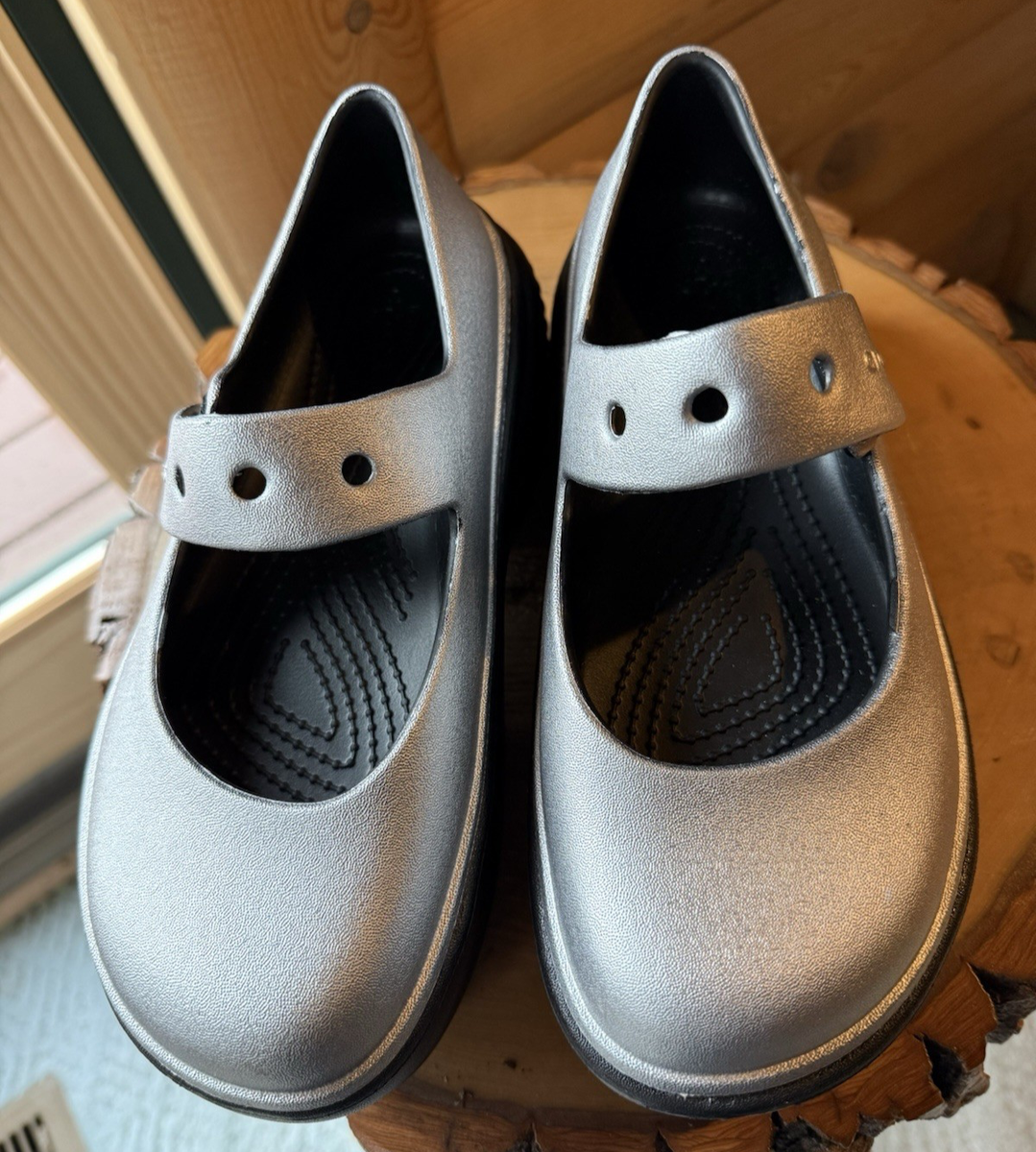 ヴィンテージ Crocs Stomp Mary Jane Silver Platform Shoes Women's Sz 6 Men 4 New