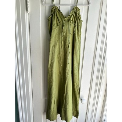 Casa Raki Selina Organic-Linen Voile Midi Dress Olive Green