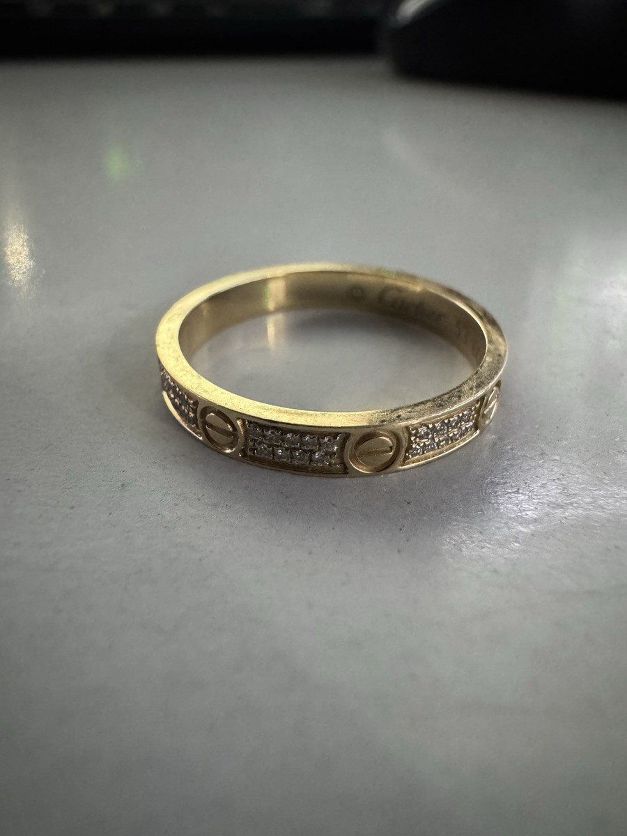 CARTIER Mini Love Pave Diamond Size 53 18k Yellow Gold Ladies Ring