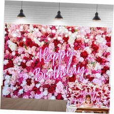 Pink Flower Happy Birthday Backdrop, Pink Floral Neon Birthday Sign Girls