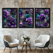 Purple Teal Flower Wall Art Set of 3 Prints Floral Artwork Botanical Bloom Art