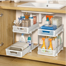 2 Pack Pull Out Bathroom Organizers and Storage 2 Tier Stackable Under Sink
