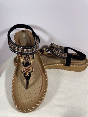 New! Women Aomigoct Black Bohemian Bejeweled Thong Sandals 11 US/ 45 EU