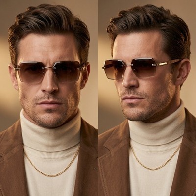 Rimless Sunglasses Brown Gradient Lens Gold Accents Wood Arms Men Sophisticated