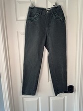 Rare Vintage Cache Embellished Dark Green Textured High Rise Mom Jeans Size 6
