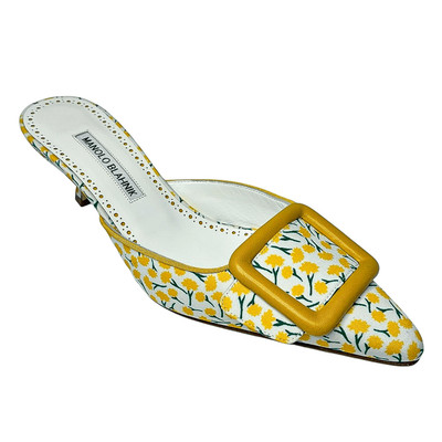 Manolo Blahnik Printed Buckle Mules Maysale EU 38 Floral Cotton Slip On Heels