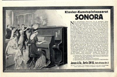 Sonora Klavier- Kunstspielapparat Jonass & Co. Berlin SW. Histor.Annonce v.1912