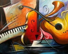 Quality Hand Painted Oil Painting, Abstract Music Instrument Modern Repro Decor