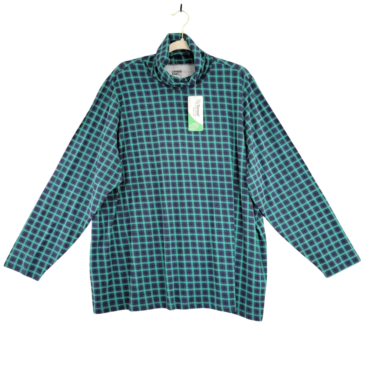 NWT Lands End Green Plaid Tencel Modal Turtleneck Long Sleeve 3X