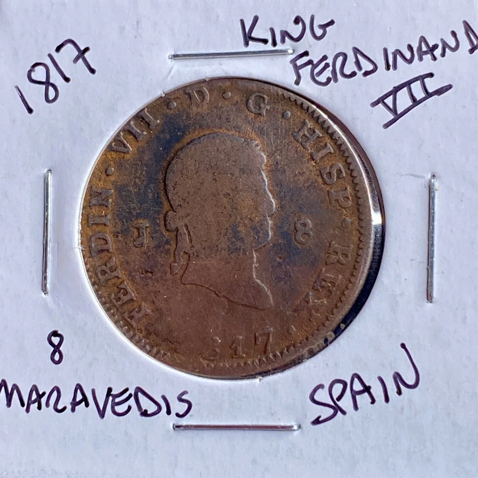 Moneda Grande 1817 Española 8 Maravedíes Rey Fernando VII Bonitos Detalles Fecha Rara Foto 4 de 4