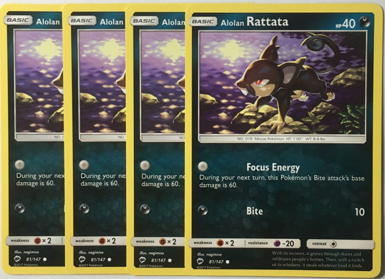 POKEMON 4X ALOLAN RATTATA 81/147 BURNING SHADOWS COMMON NEAR MINT-PLAYSET