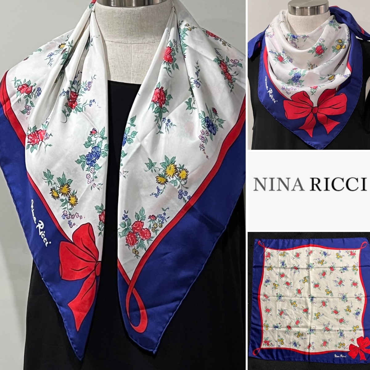 NINA RICCI PARIS Silk Twill Navy,Red Ribbon & Floral Scarf