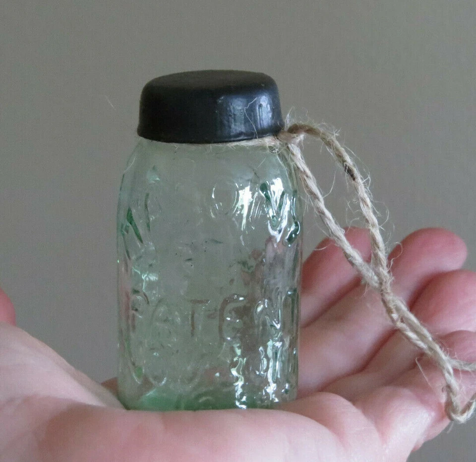 Primitive MINI Glass Mason Jar w lid Christmas Tree Ornament CUTE! 2 1/2" high - Image 2 of 4