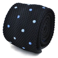 Frederick Thomas Knitted Silk Mens Tie - Dark Navy Blue - Polka Dot Skinny