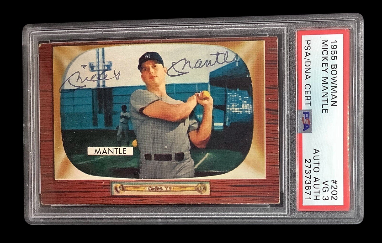 1955 bowman #202 mickey mantle; centered & signed auto PSA DNA 3 (iAPPEAL)