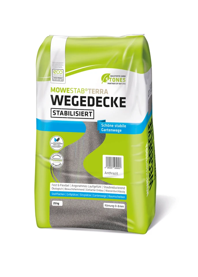 STONES BAUSTOFFE Wegedecke stabilisiert 0-8 mm anthrazit 25kg MOWESTAB TERRA Wegedecke Stones