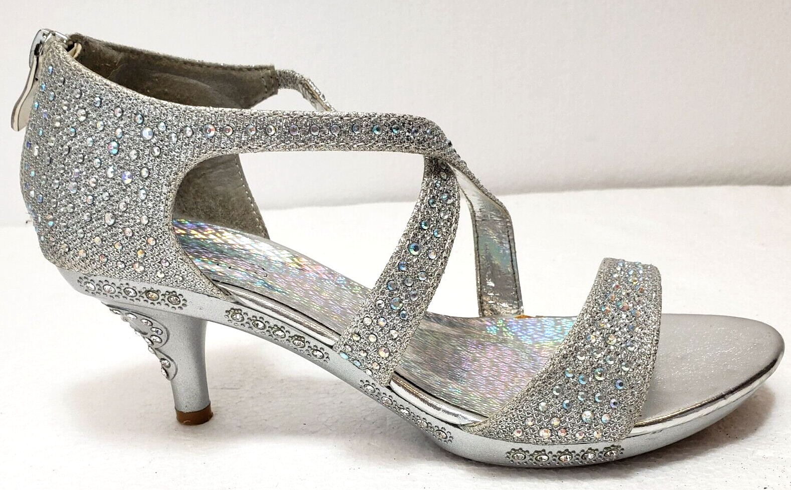 Silver Slippers Chloe size 5M 2.5 Heels Rhinestone Glam Bling Back Heel  Zipper | eBay