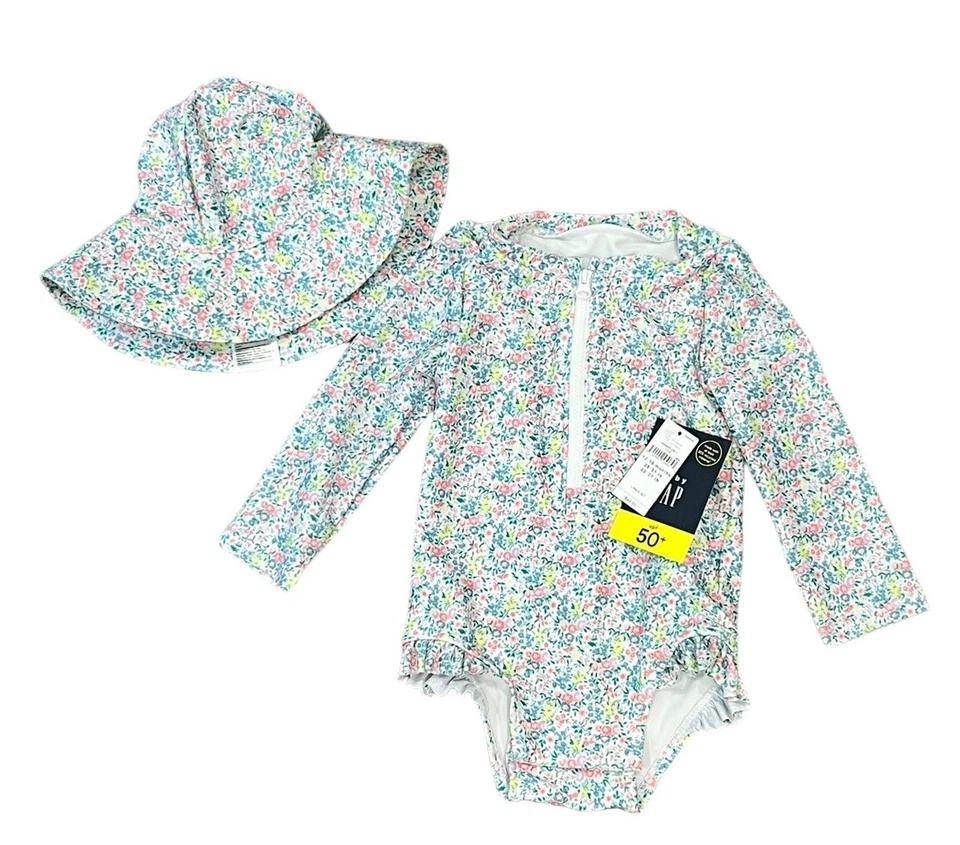 BABY GAP FLORAL RASH GUARD LSF 50 BLUMEN EINTEILER BADEANZUG & MÜTZE NEU MIT ETIKETT 12-18 NEU MIT ETIKETT