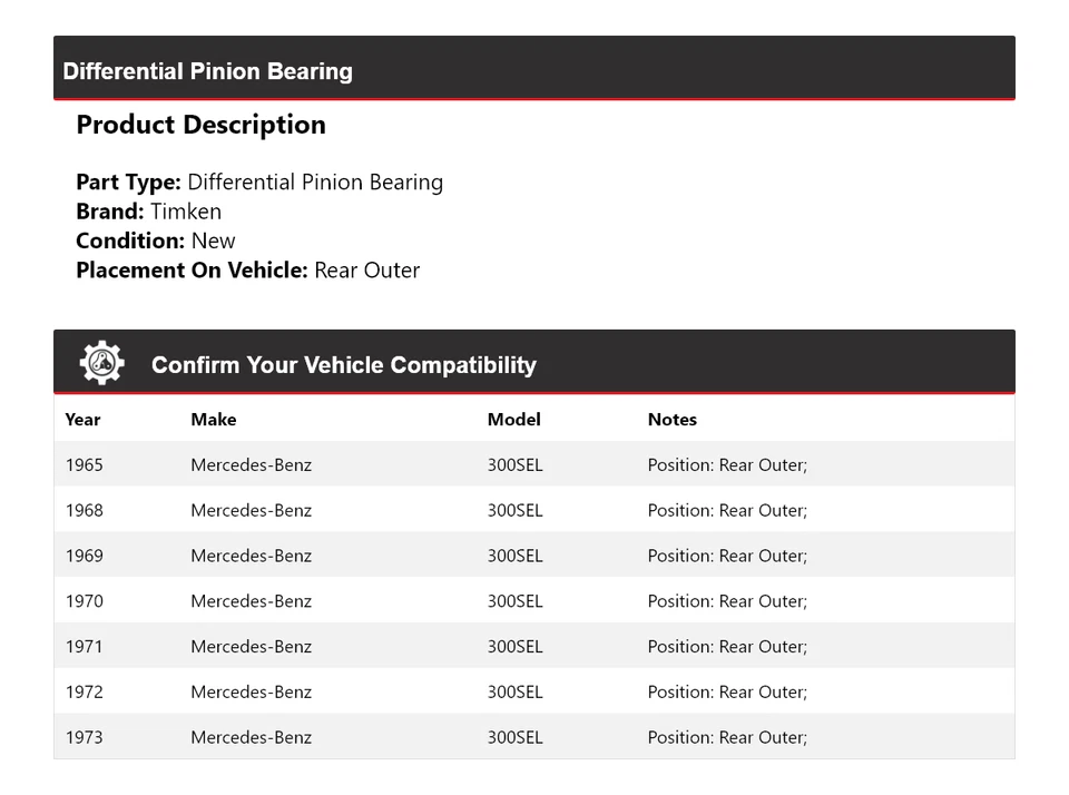 Cojinete de piñón diferencial Timken para Mercedes-Benz 300SEL 1965, 1968-1973 Foto 2 de 4