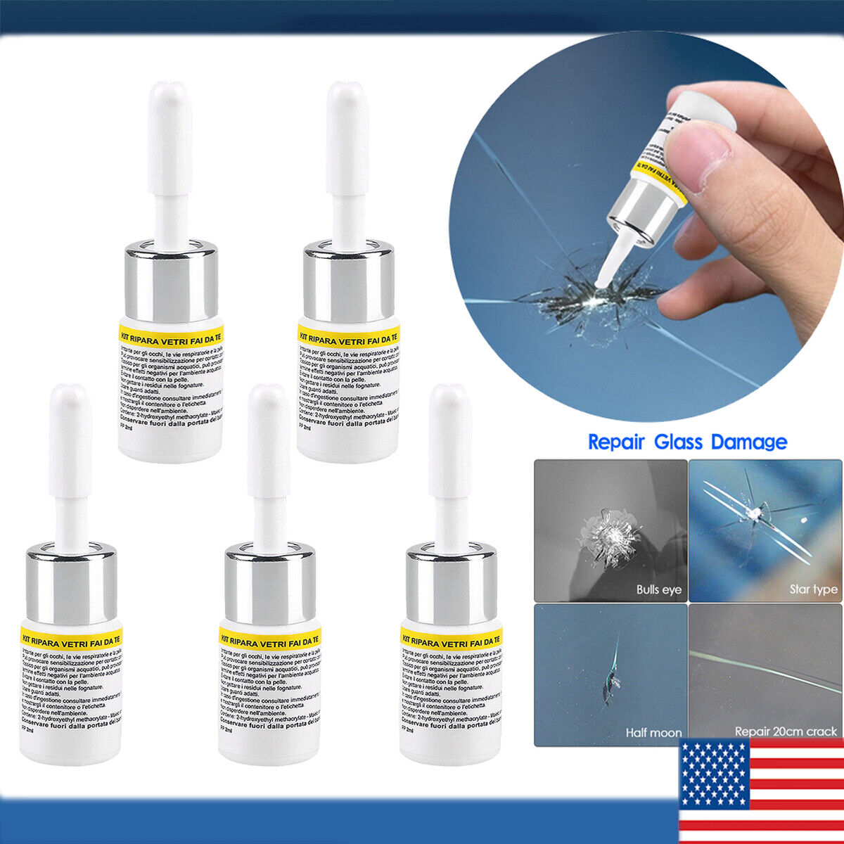 5-Pack Auto Glass Nano Repair Fluid Car Windshield Resin Crack Tool Kit  Crack US