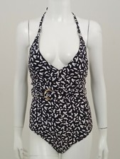 M&S Women's Swimsuit Black White  Plunge Pattern Padded Halterneck New F1