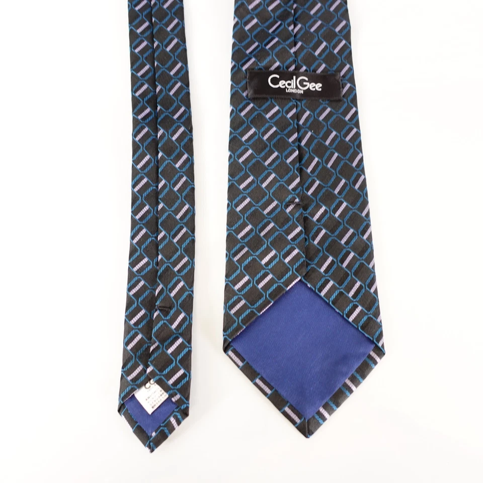 CG CECIL GEE London Mens Black Teal Blue Geometric Necktie Tie Art Deco Modern - Image 4 of 4