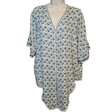 Max Studio Women's Sz.L white blue combo floral front knot top