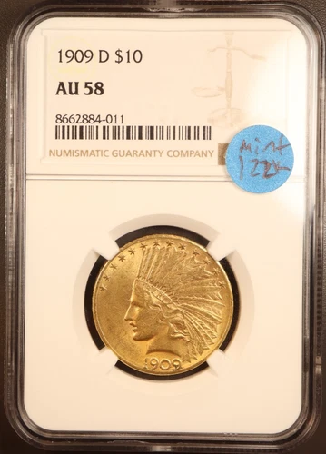 1909 D $10 Indian Head Gold Eagle NGC AU58 Low Mintage Scarce .900 Fine Gold