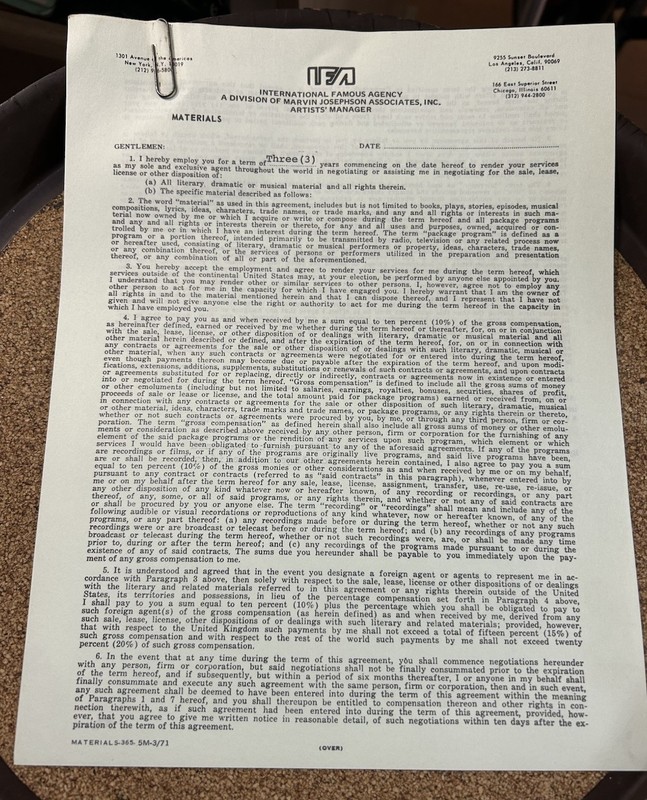 Vintage Item LA Lou Rawls Estate, Materials IFA Artists’ Manager Contract