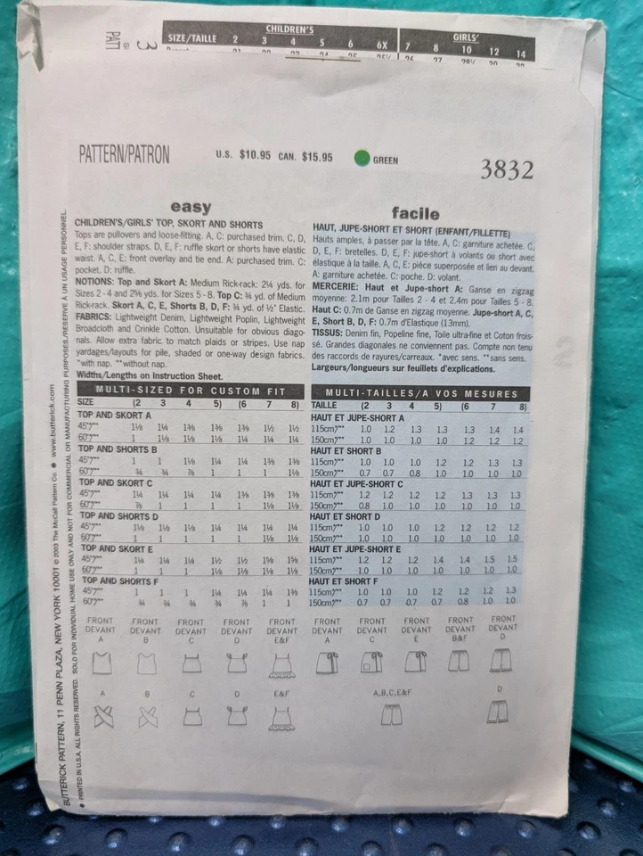 Butterick 3832 Verano Top Skort Pantalones Cortos Patrón Costura Niñas Talla 2-5 ¡SIN CORTAR! Foto 2 de 2