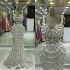 Luxury Pearls Mermaid Evening Dresses Spaghetti Strap Lace Appliques Party Gowns