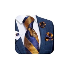 Silk Ties for Men Necktie and Lapel Pin Brooch Set Formal Blue Gold Plaid