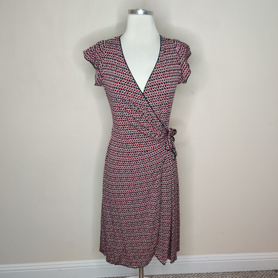 Studio M Wrap Dress Size XS Womens Red Black Geometric V Neck Cap Sleeve
