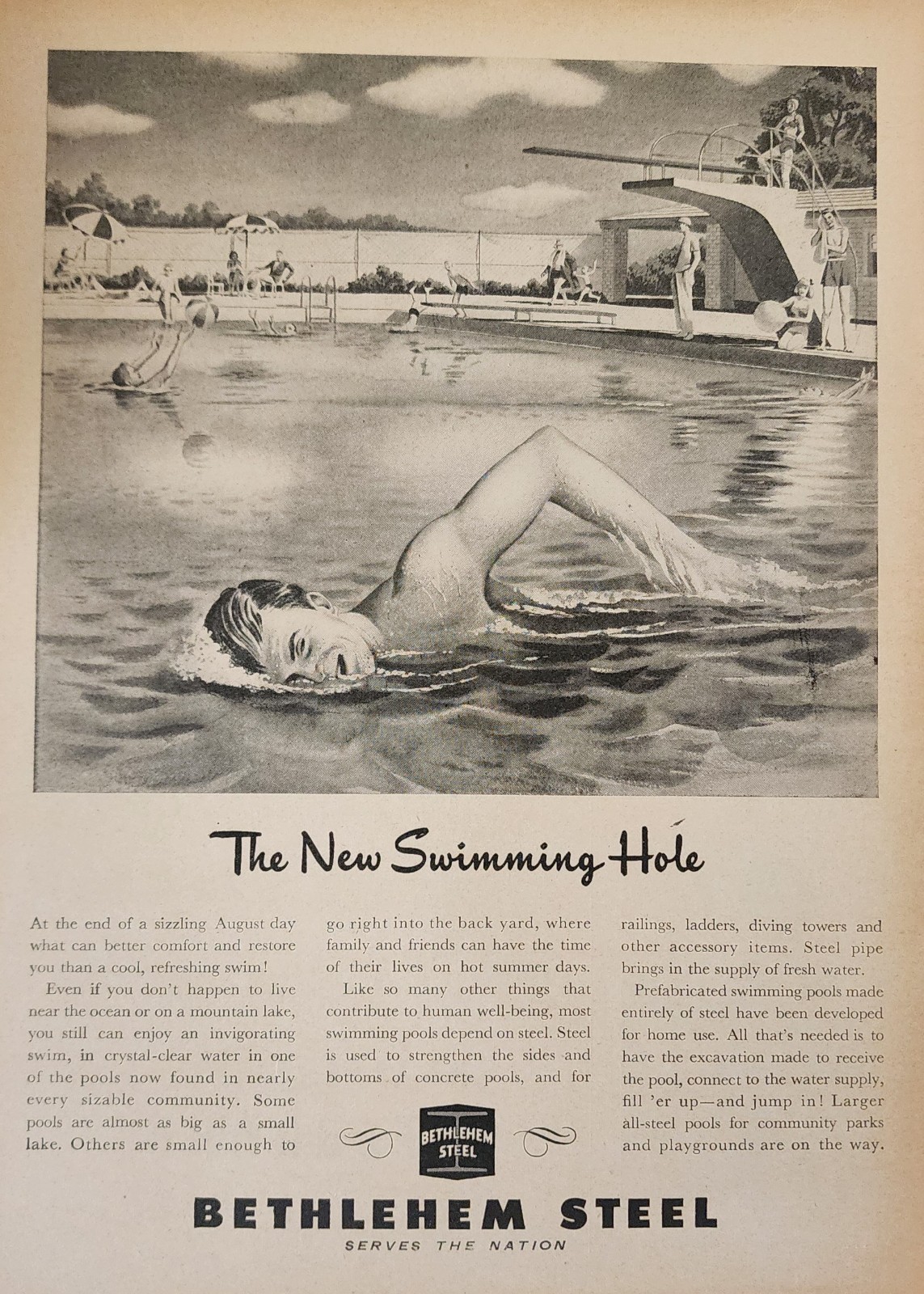Bethlehem Steel Picture Magazine Ad Original Vtg Wall Art Decor Swimming Hole