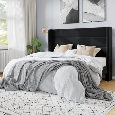 Elegant Black Queen Velvet Bed Frame with Tufted Wingback Headboard