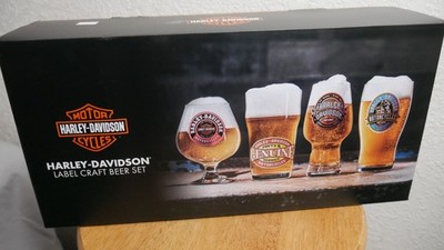 NEW BOX Harley-Davidson Label Craft  Beer Glasses Set Unique HD Graphics 4pc Set