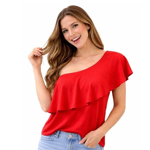 H.I.P. One Shoulder Top Women Large Red Ruffle Sleeve Asymmetrical Blouse New