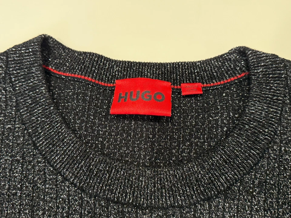 Suéter de punto metálico para hombre Hugo Boss negro plateado talla XL, excelente estado Foto 3 de 4