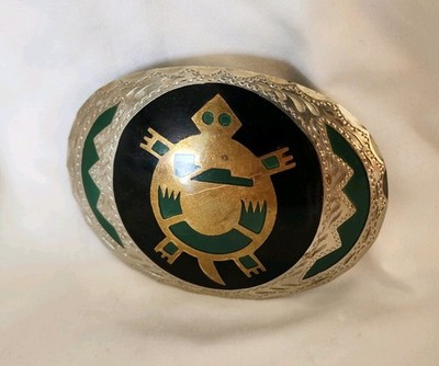 Vintage Rare ADM Turtle -Award Design Metals Collection Belt Buckle - Brass/Jade