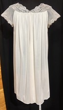 Vintage Lorraine Champagne Nude Nylon Tricot Nightgown Lace Yoke Short Sleeve L