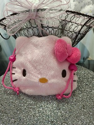 Vintage 2012 Sanrio Hello Kitty Pink Faux Fur  Drawstring Bag  Purse Satchel