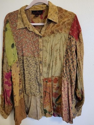 Secret Threads Patchwork Women's Blouse Brown Floral Cottage Core Size S/M